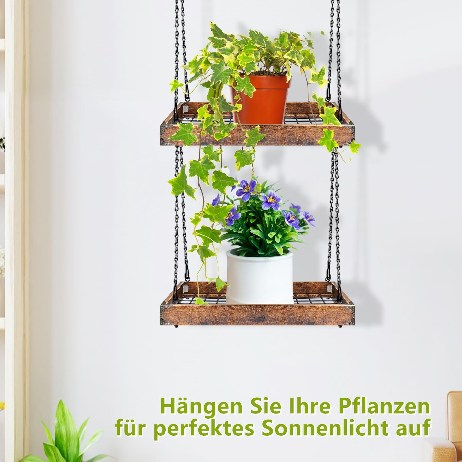 Підвісний кошик для рослин з ланцюгом 40х30 см для кімнатних та вуличних квітів МДФ/Метал, фото №4