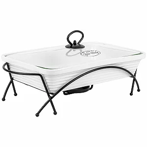 Форма для запекания керамическая с крышкой и подставкой 2 л Прямоугольная Белая - Фото 1