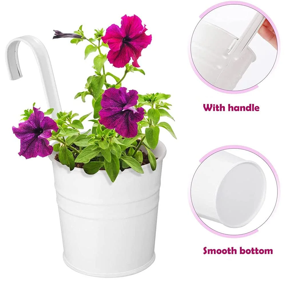 Подвесные цветочные горшки 4 шт. металлические с крючками белые, фото №4