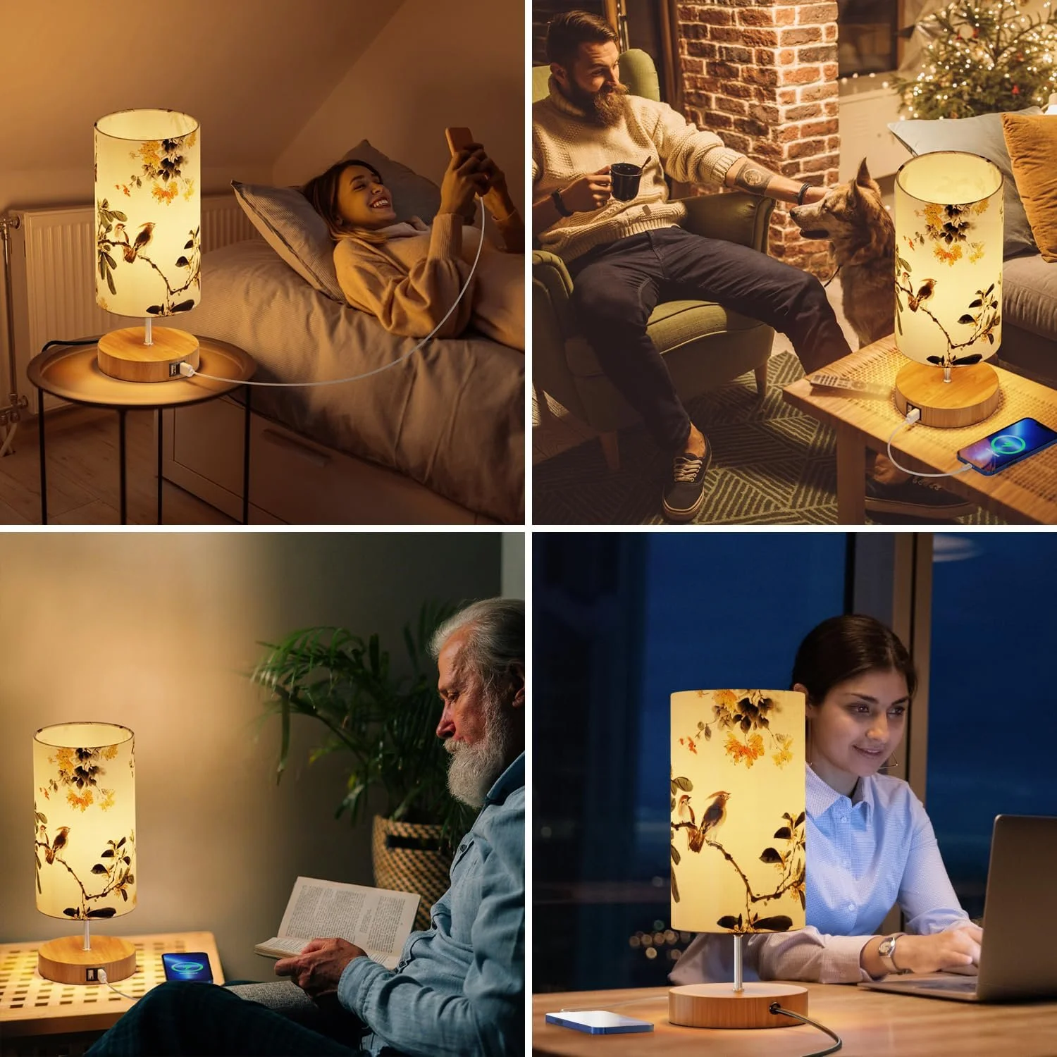Настільна лампа GPATIO Bedside Lamp сенсорна з 2 USB-портами малюнок Птахи, фото №7