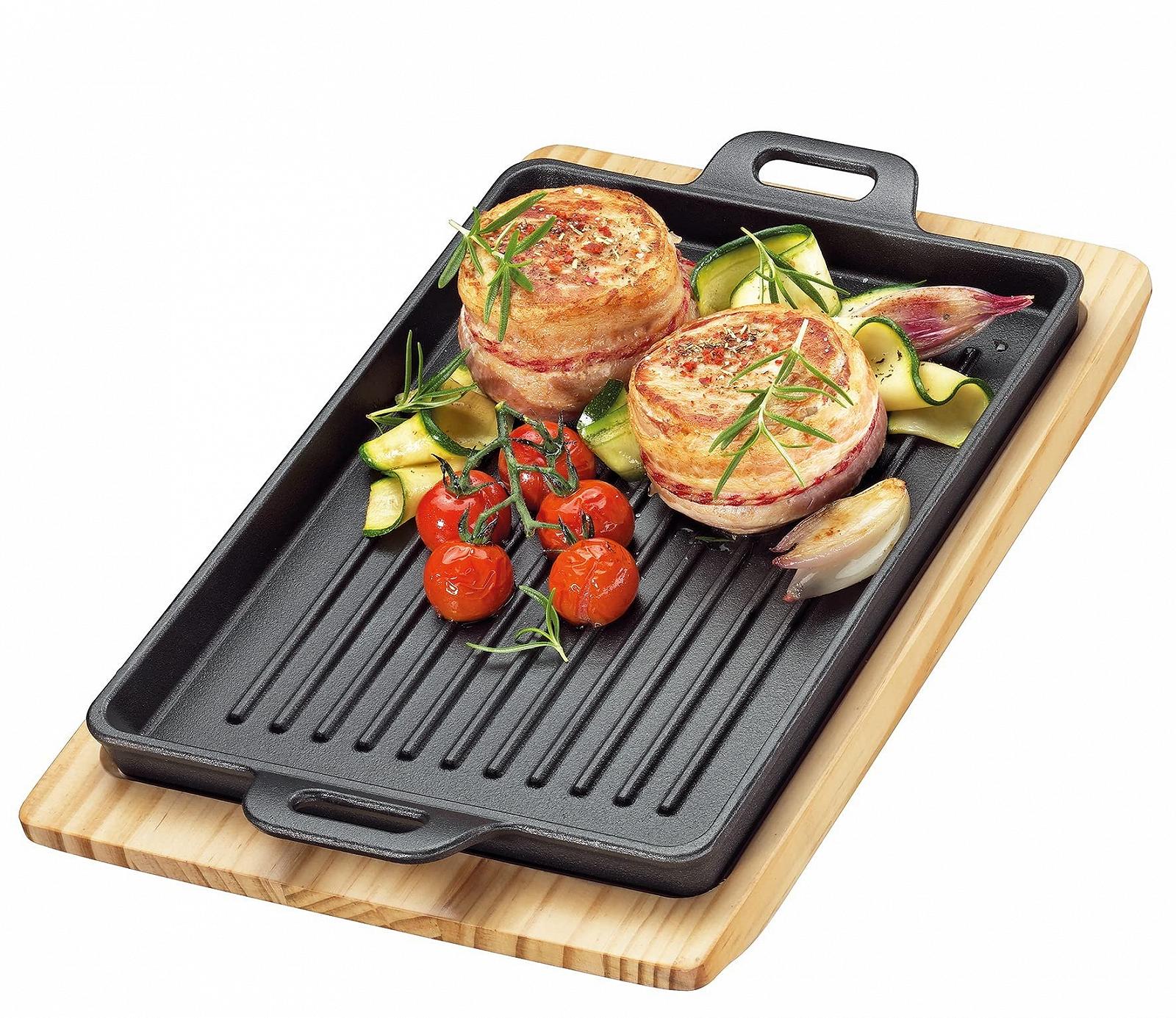 Сковорода-гриль Küchenprofi BBQ чавунна рифлена на дерев'яній підставці, квадратна, 32 x 22 x 3.5 см, фото №1