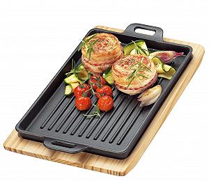 Сковорода-гриль Küchenprofi BBQ чавунна рифлена на дерев'яній підставці, квадратна, 32 x 22 x 3.5 см - Фото 1