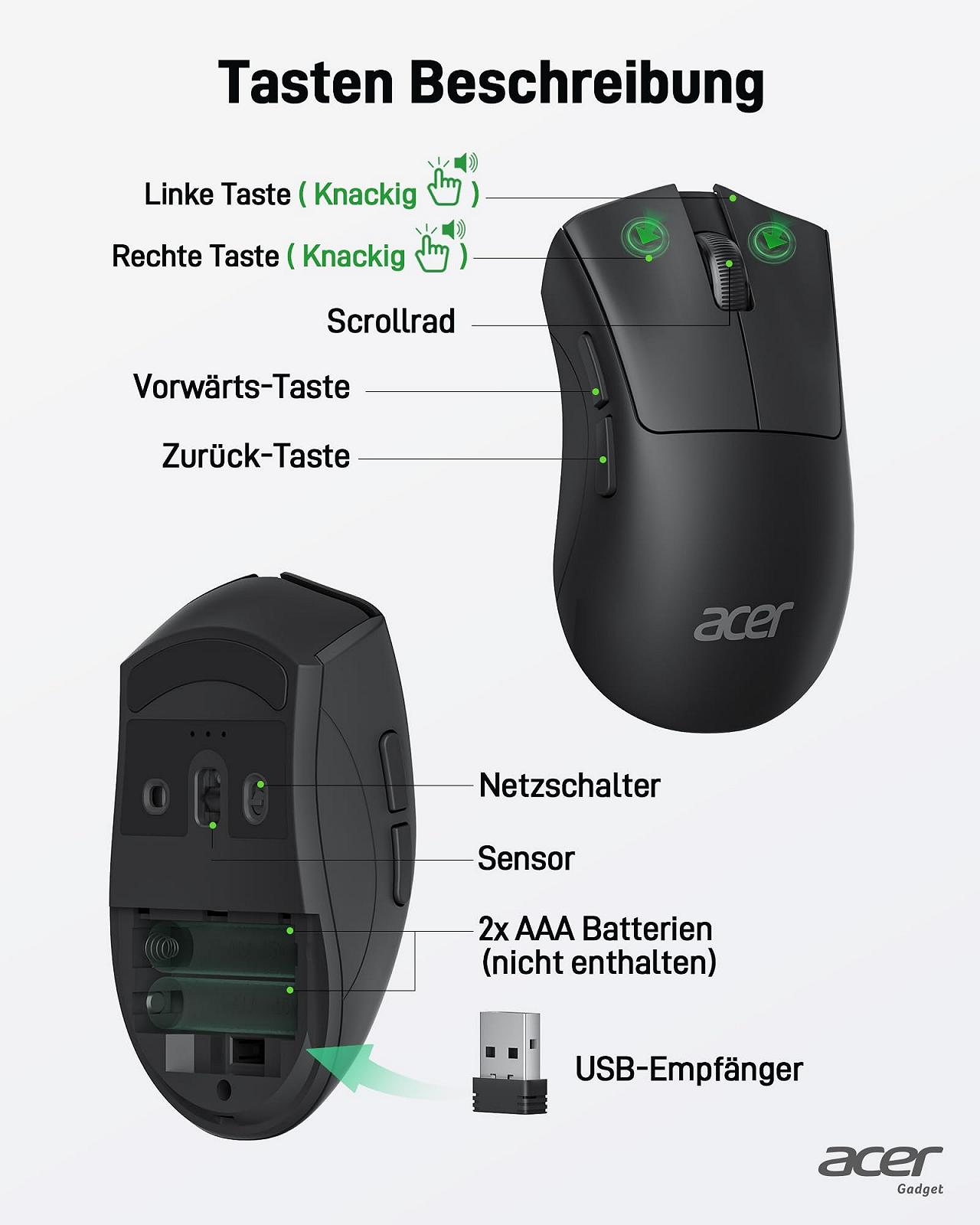 Миша Бездротова Acer 2.4 GHz USB A 5 Кнопок Чорний, фото №6