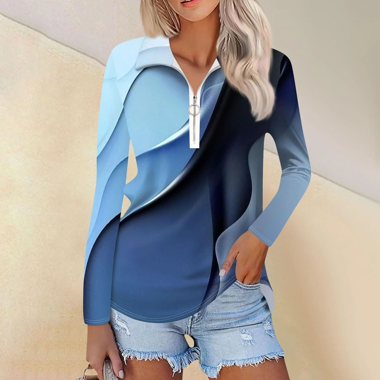 Праздничный женский свитшот 2024 Милый Зимний V-образный вырез Длинный рукав Топы на четверть молнии Летние футболки на молнии для мальчиков, фото №7