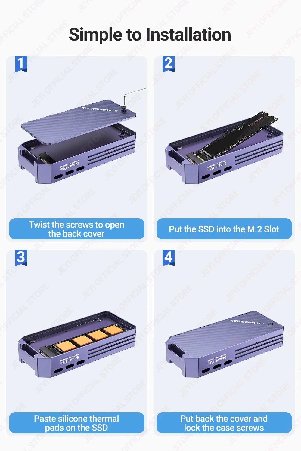 Внешний карман JEYI Fan 40Gbps M.2 NVMe SSD to USB4.0, Thunderbolt 4 Violet, фото №14 Внешний карман JEYI Fan 40Gbps M.2 NVMe SSD to USB4.0, Thunderbolt 4 Violet, фото №14