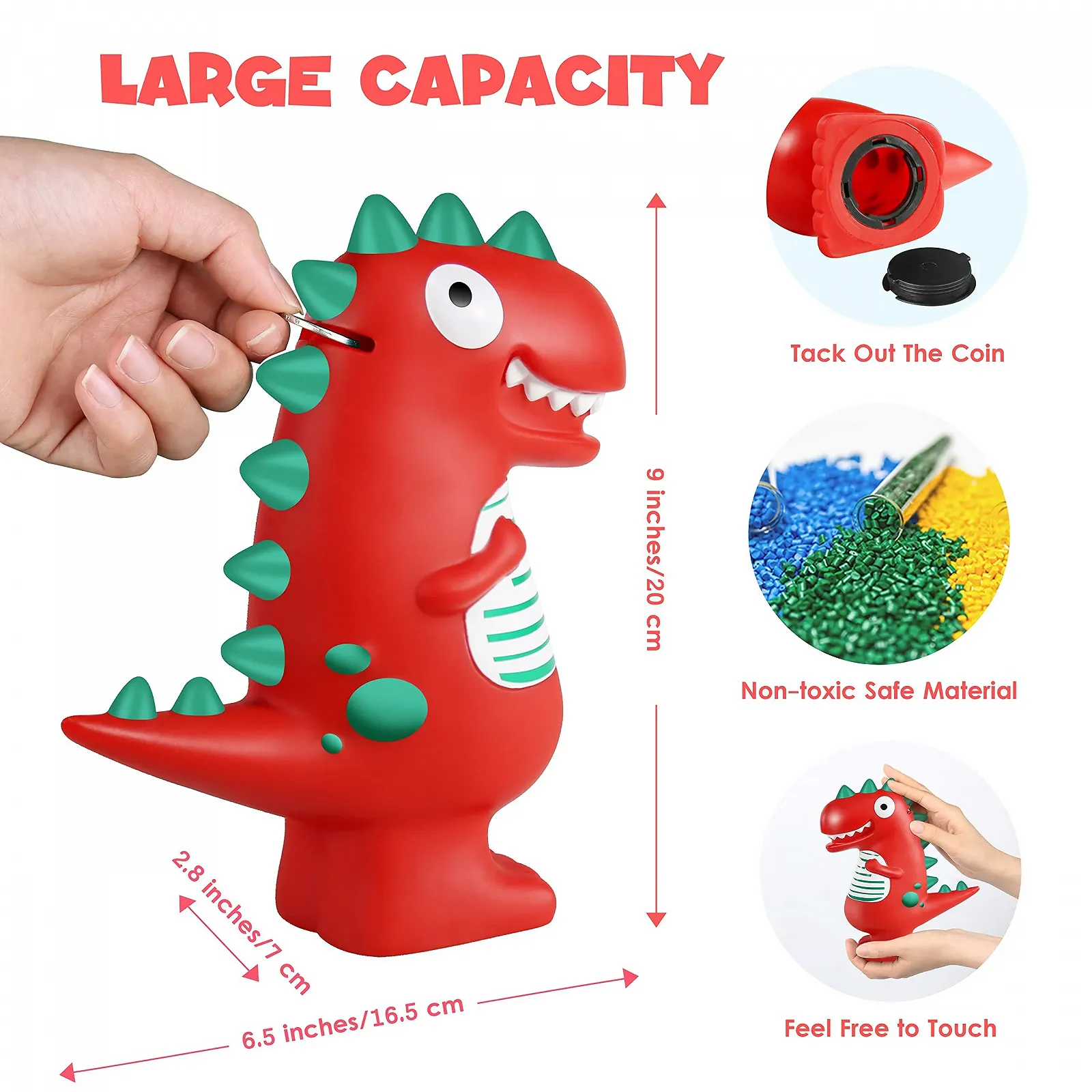 Копилка Динозавр пластиковая красная, фото №3