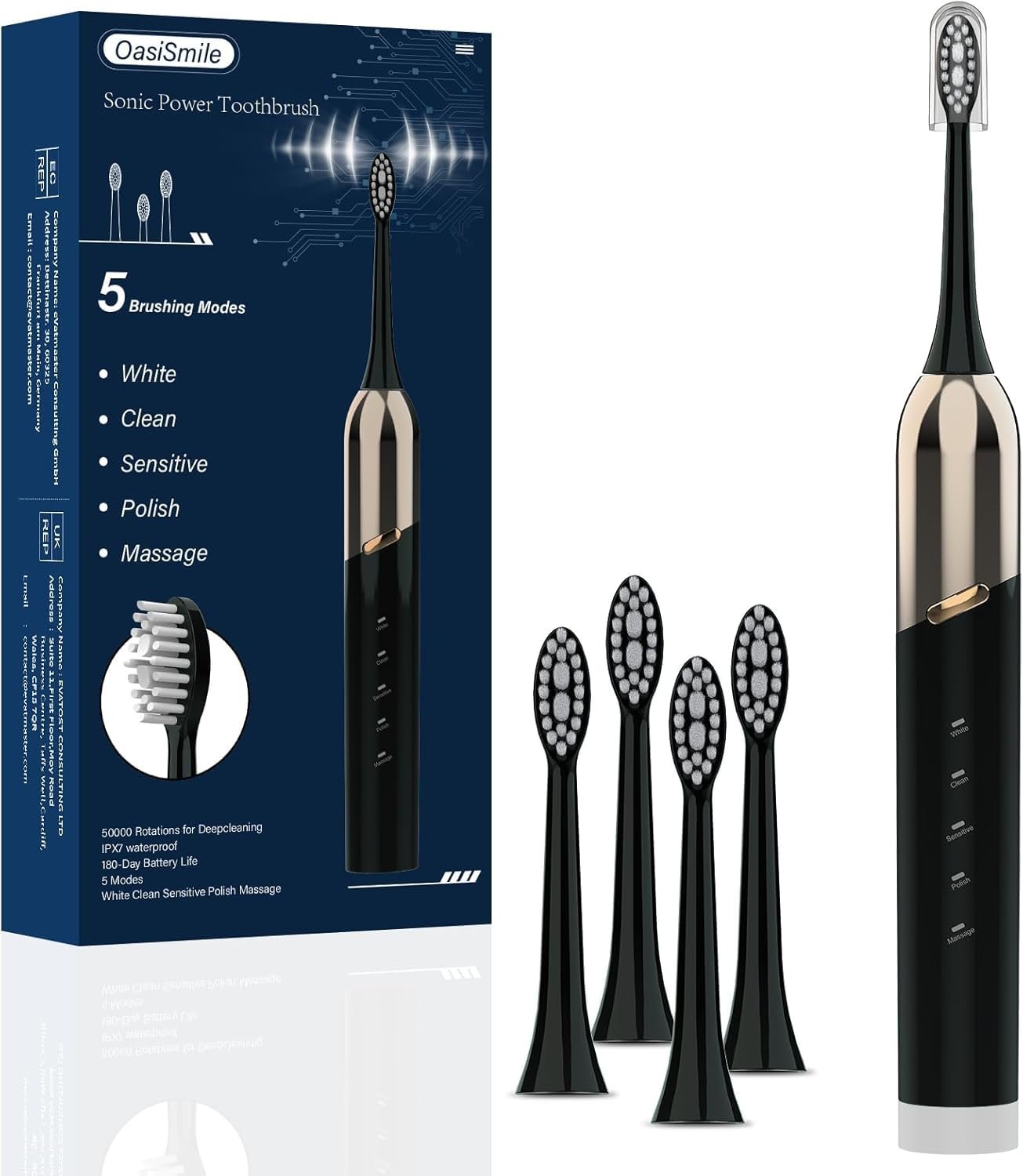 Електрична зубна щітка OasiSmile WL-T1006 50 000 VPM Dupont 5 режимів IPX7 Чорна, фото №1