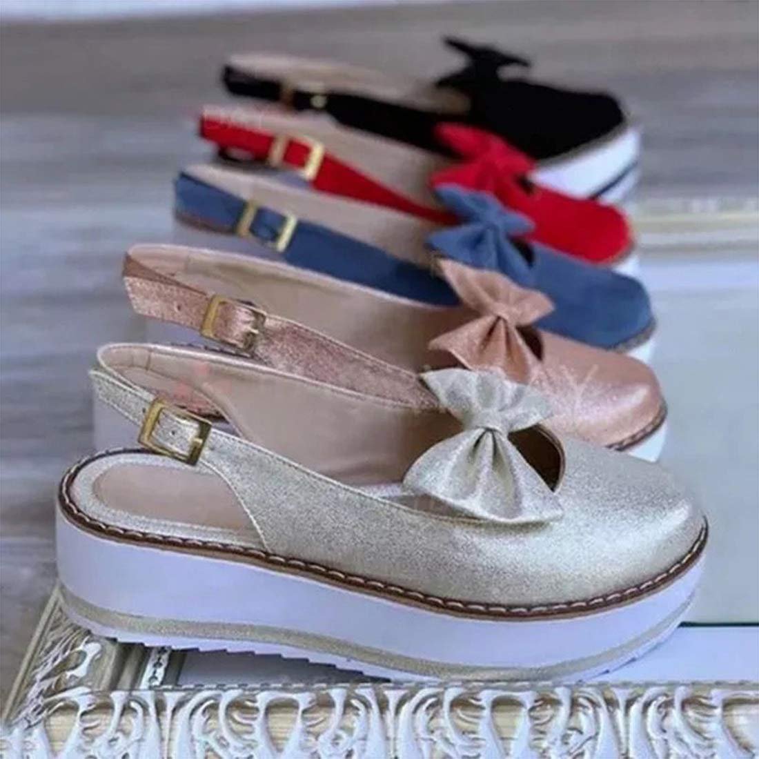 Женские Сандали Кожаные на Платформе с Бантом Закрытый Носок, фото №3