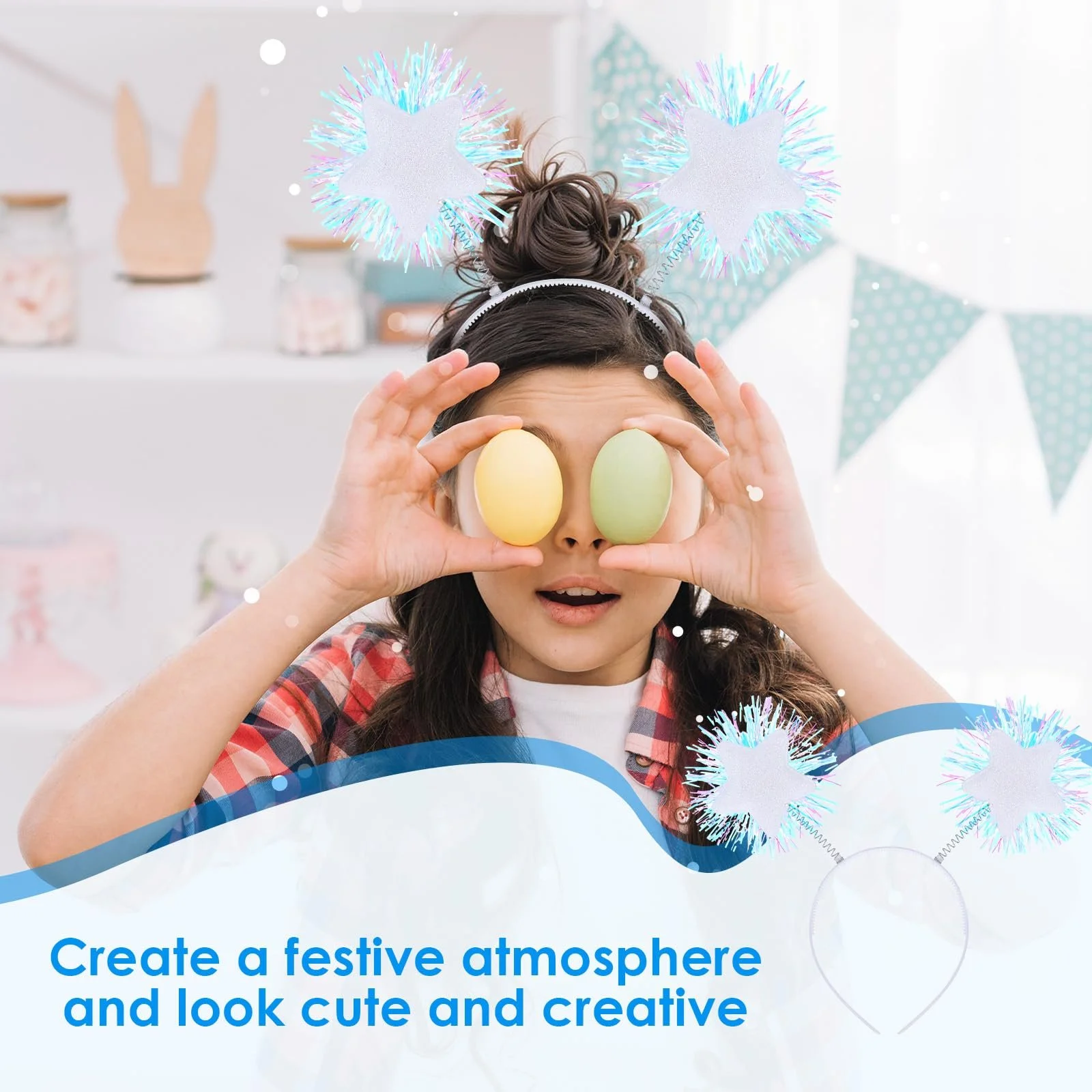 Обруч для волосся з фольгованими смужками, помпоном і блискучими зірками, білий, фото №6