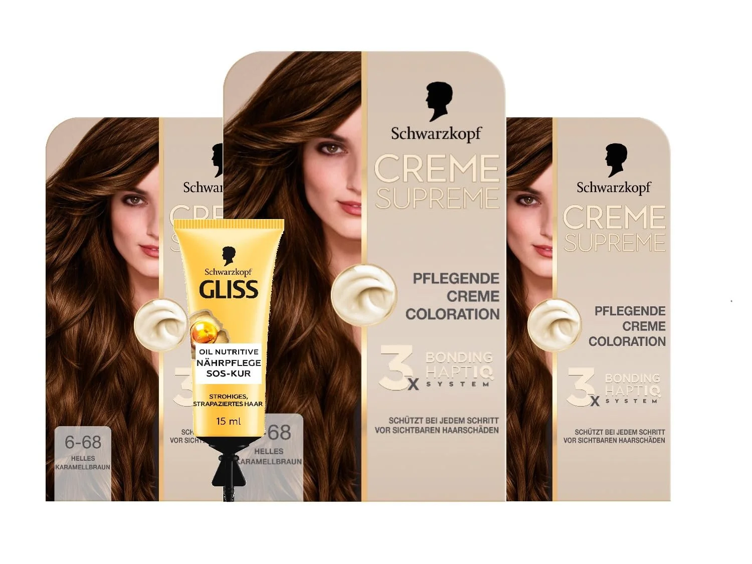 Фарба для волосся Schwarzkopf Creme Supreme Colouration 6-68 Світлий Карамельно-Коричневий Блонд (3 x 182 мл), фото №1 Фарба для волосся Schwarzkopf Creme Supreme Colouration 6-68 Світлий Карамельно-Коричневий Блонд (3 x 182 мл), фото №1