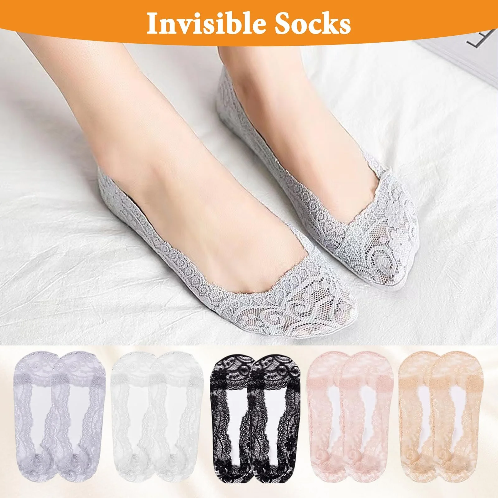 Женские носки Кружевные 10 пар Балетки Невидимые носки Хлопок Дышащие Кружевные носки для высоких каблуков и кроссовок Низкие (разноцветные), фото №7