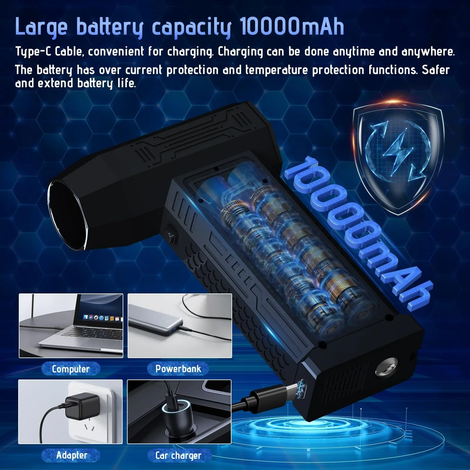 Электрический воздуходувка Zosudull 180,000 rpm LED-дисплей фонарик 10000 mAh 4 скорости, фото №3