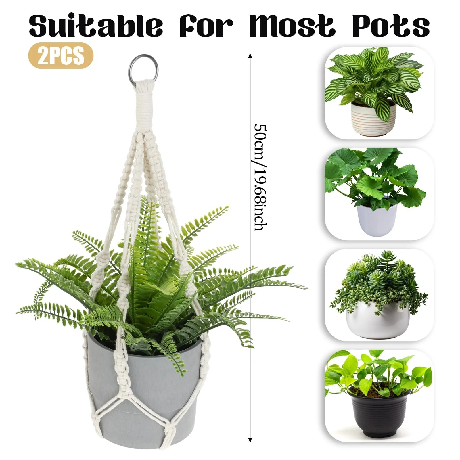 Подвесные корзины макраме Jeffdad Набор из 2 шт Хлопковая веревка Бежевый 50 см, фото №2