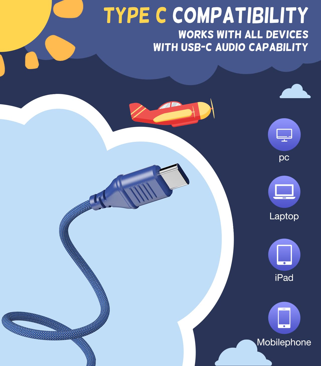 Наушники Cowyawn USB Type C для детей 94 дБ Складные Проводные на уши, фото №2