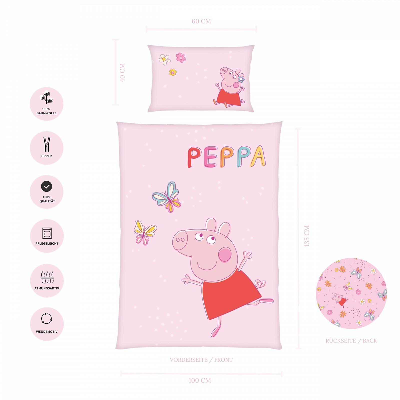 Дитяча постільна білизна Peppa Pig, підодіяльник 100 x 135 см + наволочка 40 x 60 см, дихаюча бавовна, на блискавці, Peppa Pig Butterfly, рожевий, фото №3