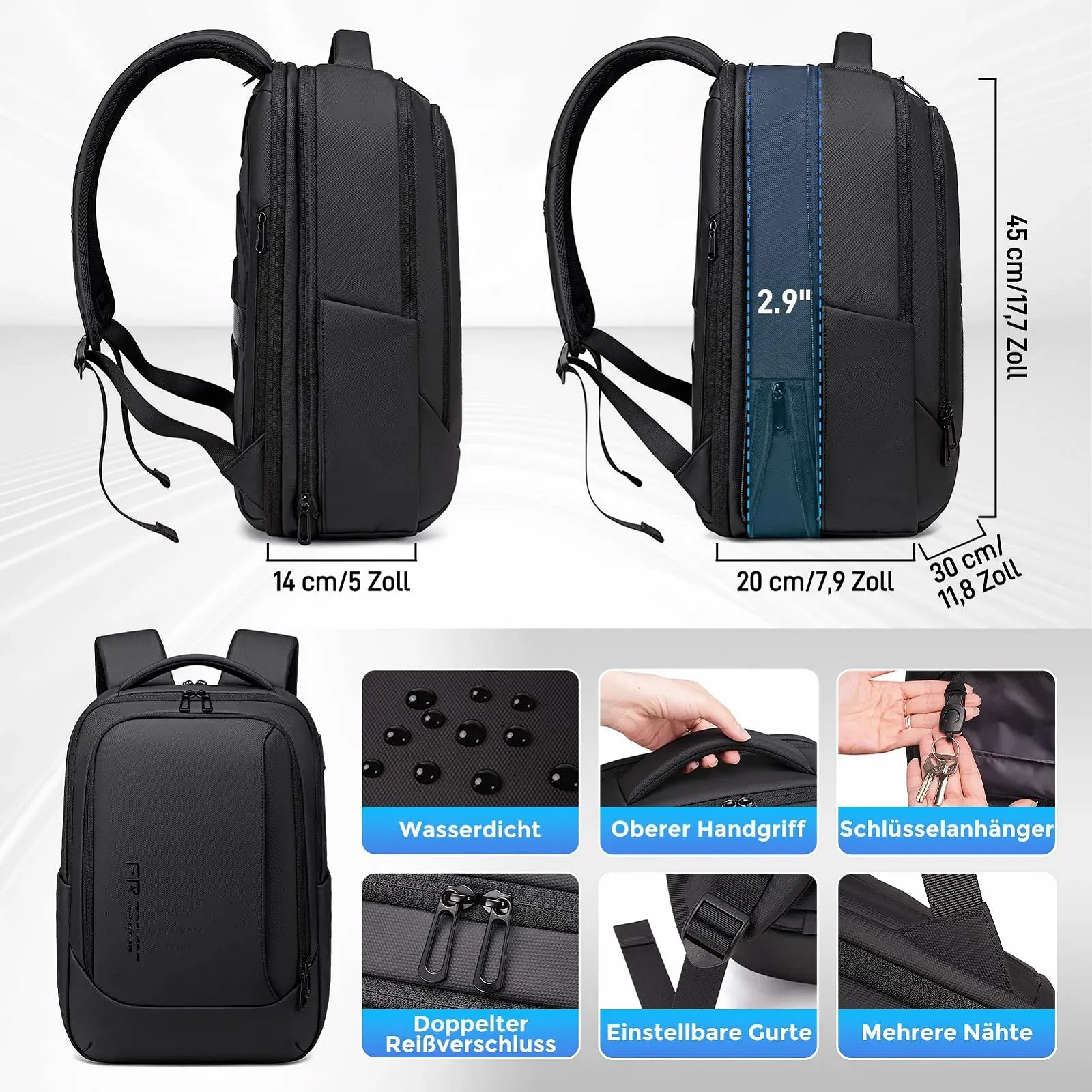 Рюкзак для ноутбука FENRUIEN 15.6" расширяемый 19л-27л Черный, фото №3 Рюкзак для ноутбука FENRUIEN 15.6" расширяемый 19л-27л Черный, фото №3