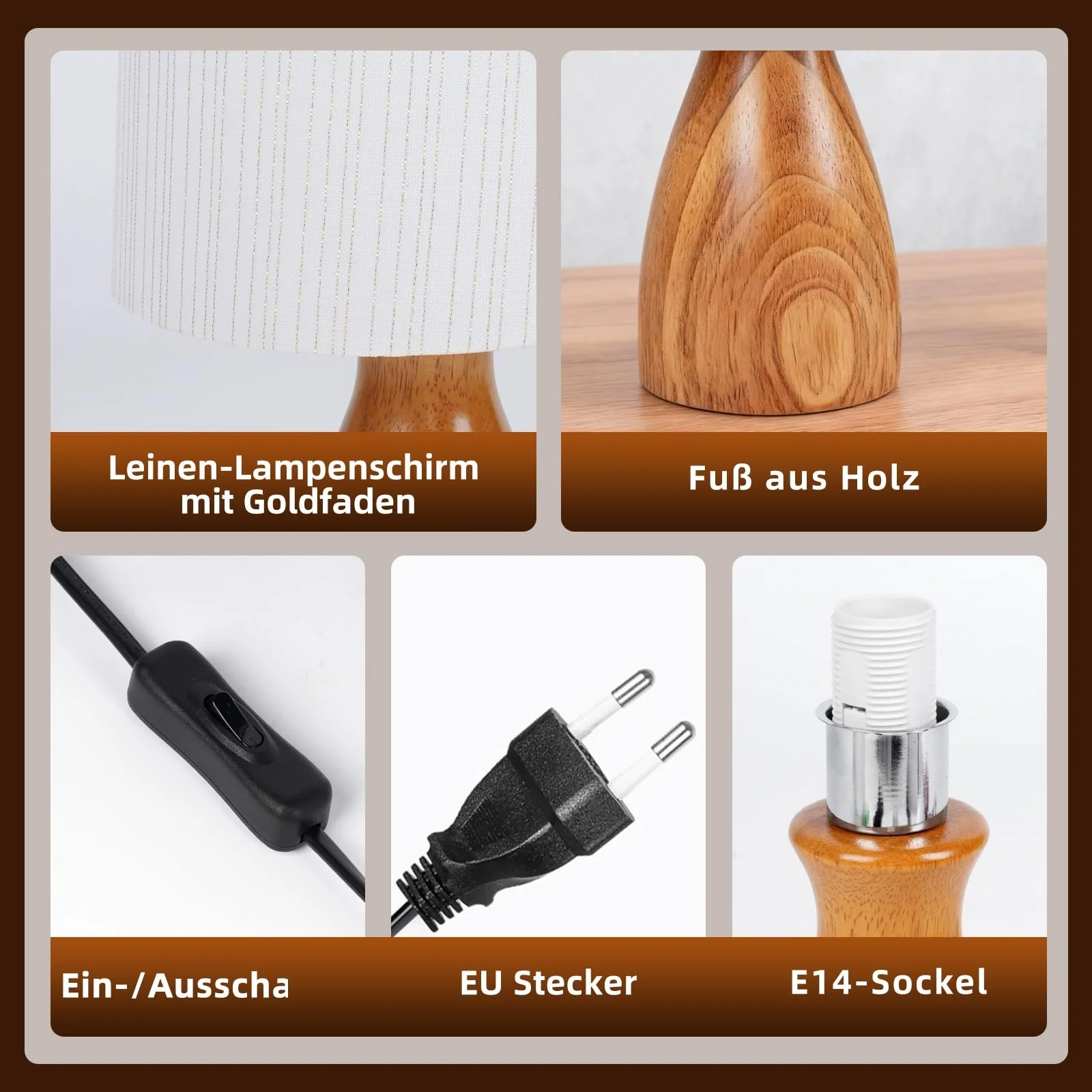 Настільна лампа Aukimo Wood Бежева Льняна E14 3000 K LED, фото №4