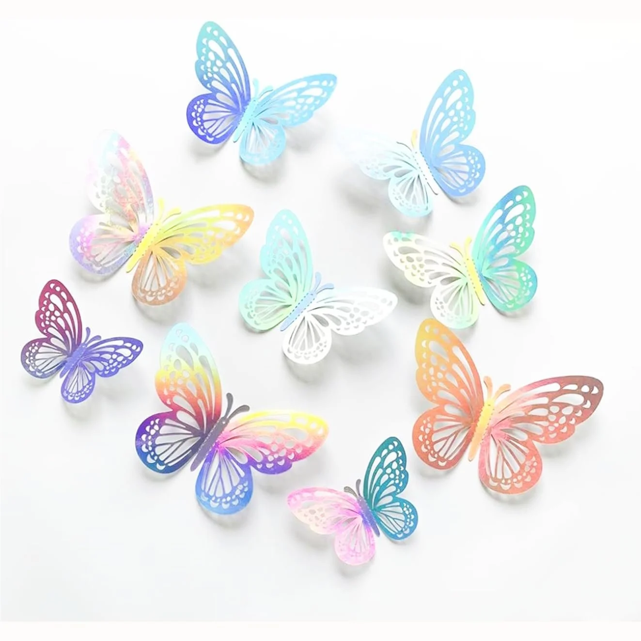 Набір 3D метеликів 36 штук Кольорові лазерні Butterfly Decoration 3 розміри Акрилові наклейки Різнокольоровий, фото №1
