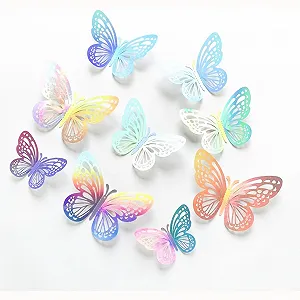 Набір 3D метеликів 36 штук Кольорові лазерні Butterfly Decoration 3 розміри Акрилові наклейки Різнокольоровий - Фото 1