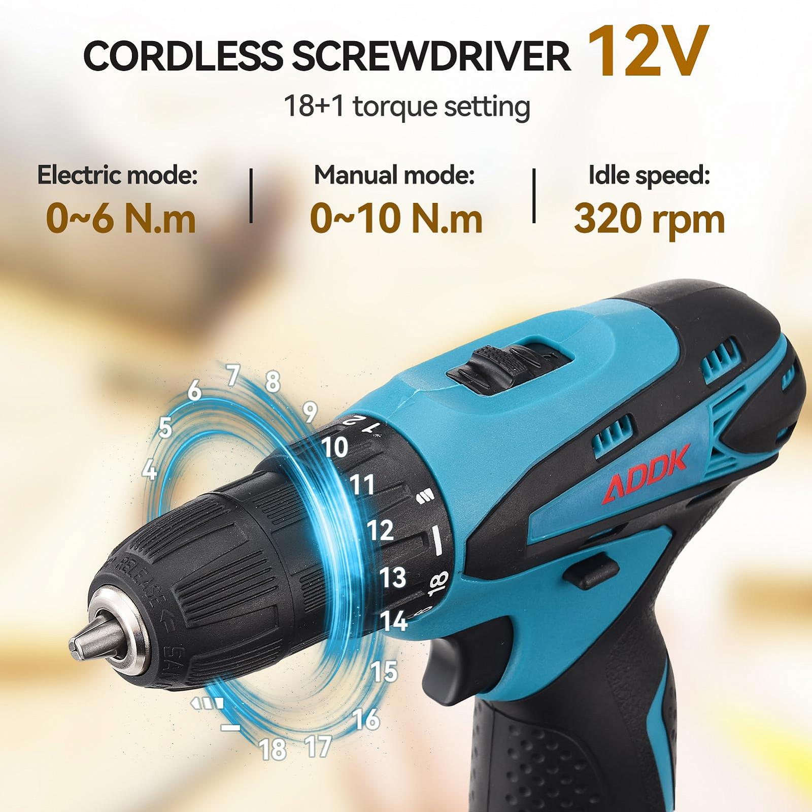 Дриль-шуруповерт belupai Cordless 12V Електрична викрутка 1 батарея 1.5Ah 2 швидкості 18+1 налаштування моменту обертання LED освітлення 30 аксесуарів і кейс для ремонту та DIY, фото №7