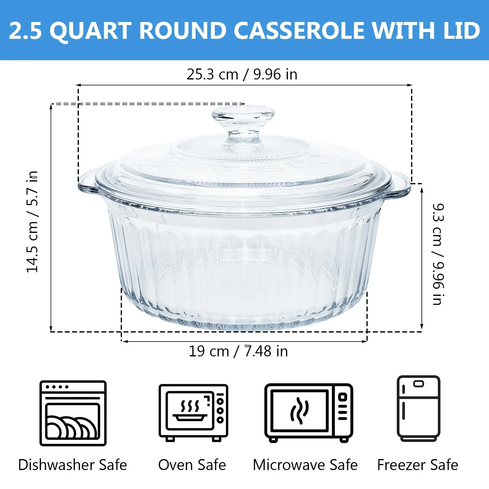 Форма для запікання скляна кругла з кришкою 2,5 L термостійка прозорий, фото №2