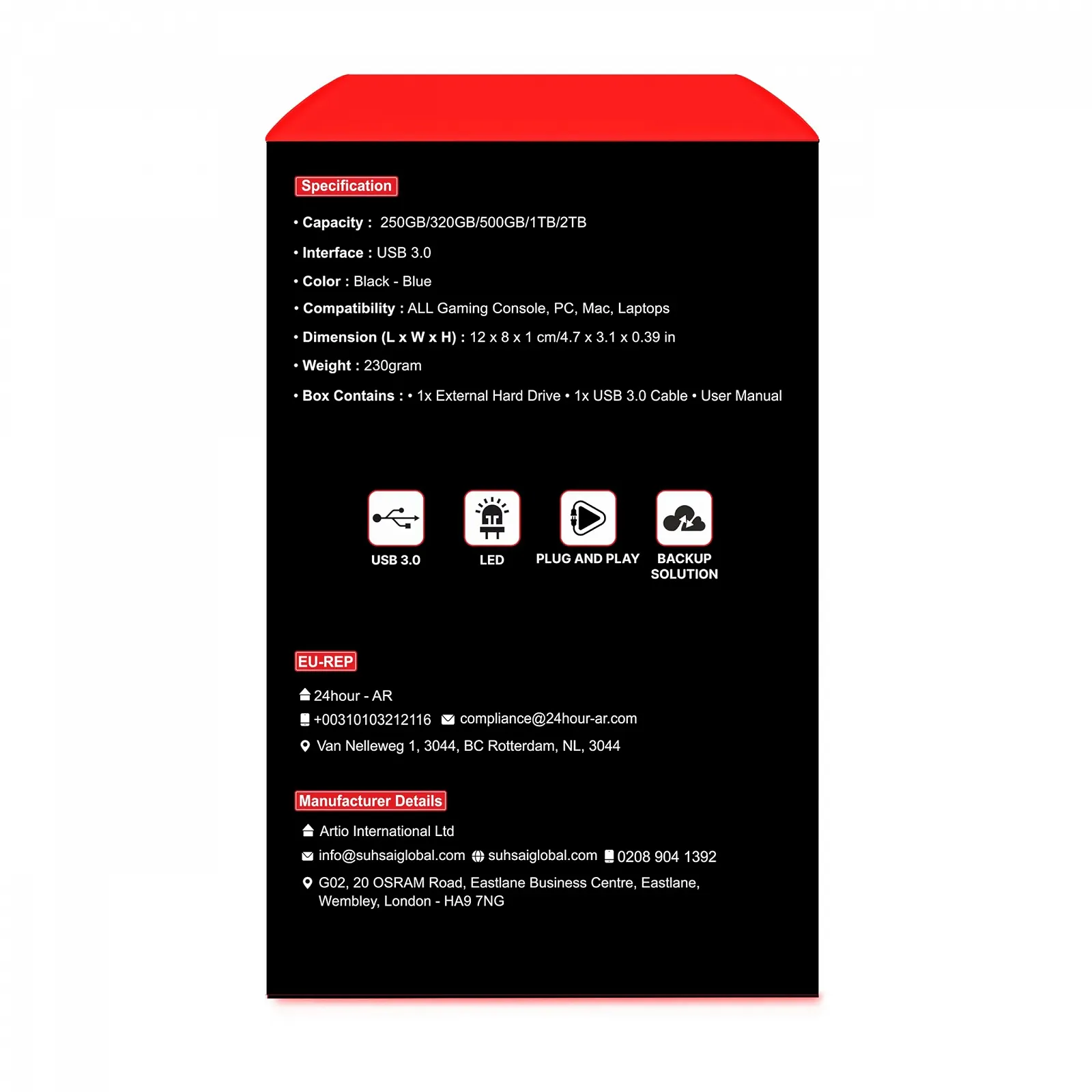 Внешний жесткий диск SUHSAI 1TB 2.5" USB 3.0 Blue, фото №4