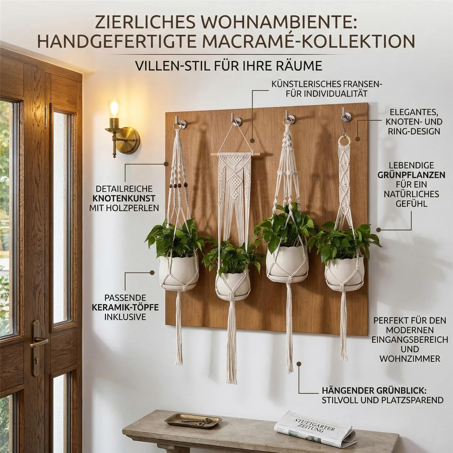 Підвісне кашпо макраме Набір 4 шт. Бавовна 10-25 см Біле, фото №3