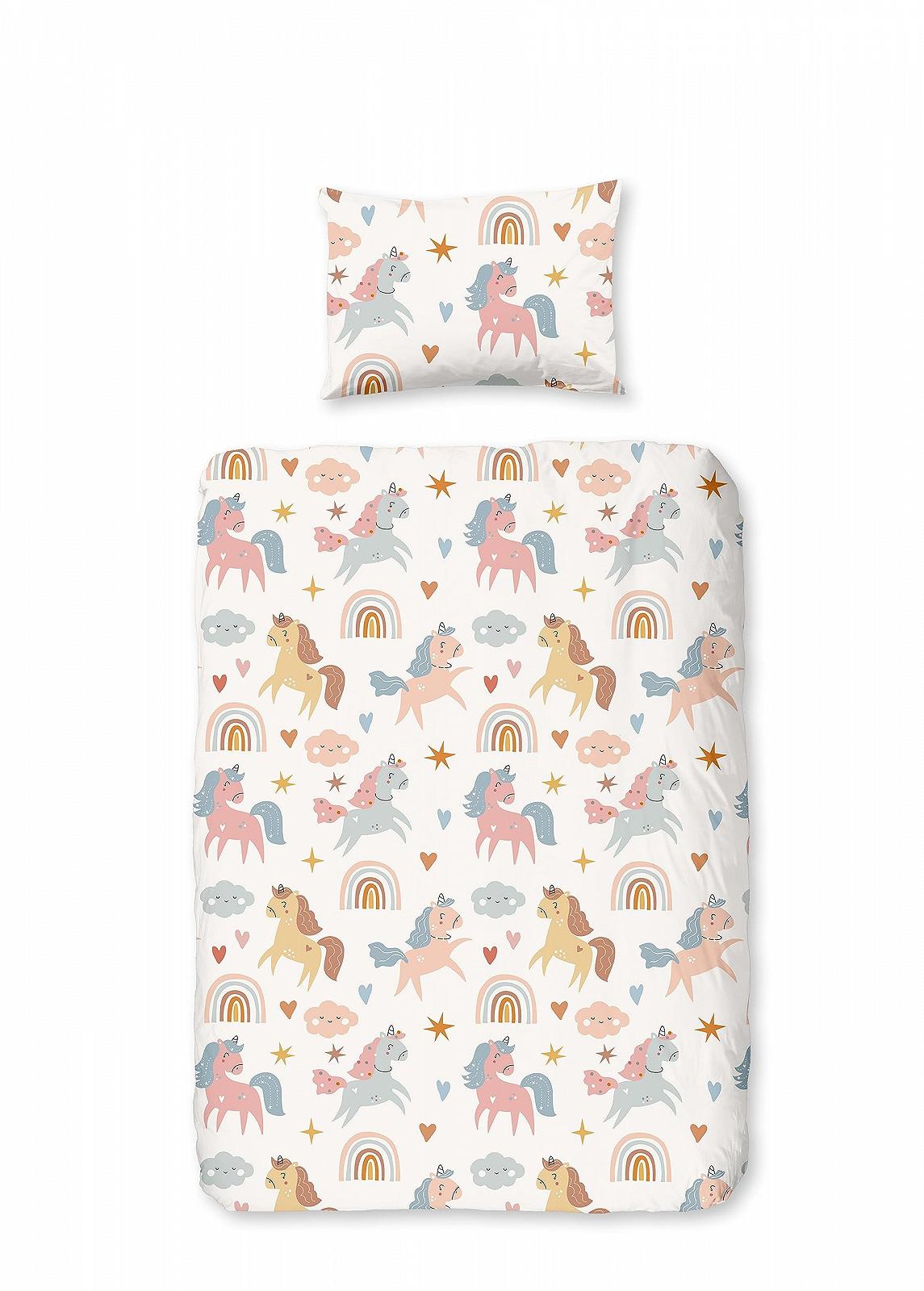 Дитяча постільна білизна Aminata kids 100 x 135 см, для дівчаток, єдиноріг, рожевий, бавовна, з блискавкою YKK, двосторонній комплект, малюнок єдинорога і коні, з райдужним єдинорогом, фото №1