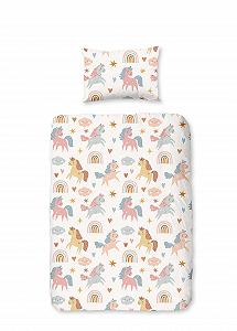 Дитяча постільна білизна Aminata kids 100 x 135 см, для дівчаток, єдиноріг, рожевий, бавовна, з блискавкою YKK, двосторонній комплект, малюнок єдинорога і коні, з райдужним єдинорогом - Фото 1