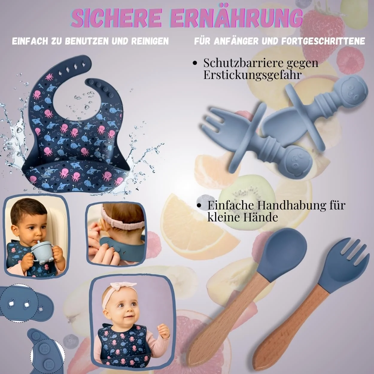 Набір силіконового дитячого посуду FlexiTot з присоскою, мискою, поїльником, слинявчиком та столовими приборами Синій, фото №4 Набір силіконового дитячого посуду FlexiTot з присоскою, мискою, поїльником, слинявчиком та столовими приборами Синій, фото №4