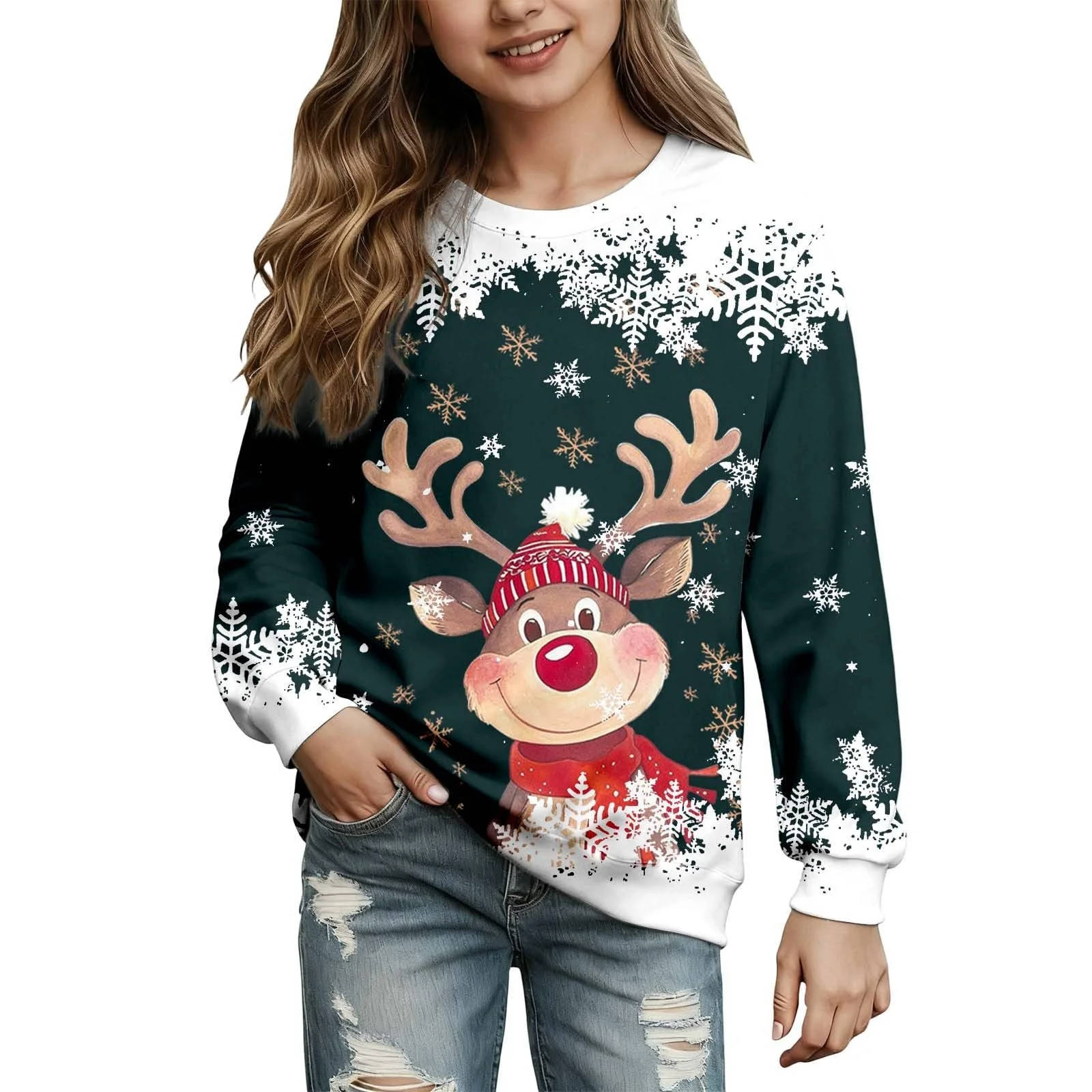 Костюм на Рождество для девочек, свитшот с круглым вырезом, мультяшным оленем, длинными рукавами (2 года, 14 лет), фото №1