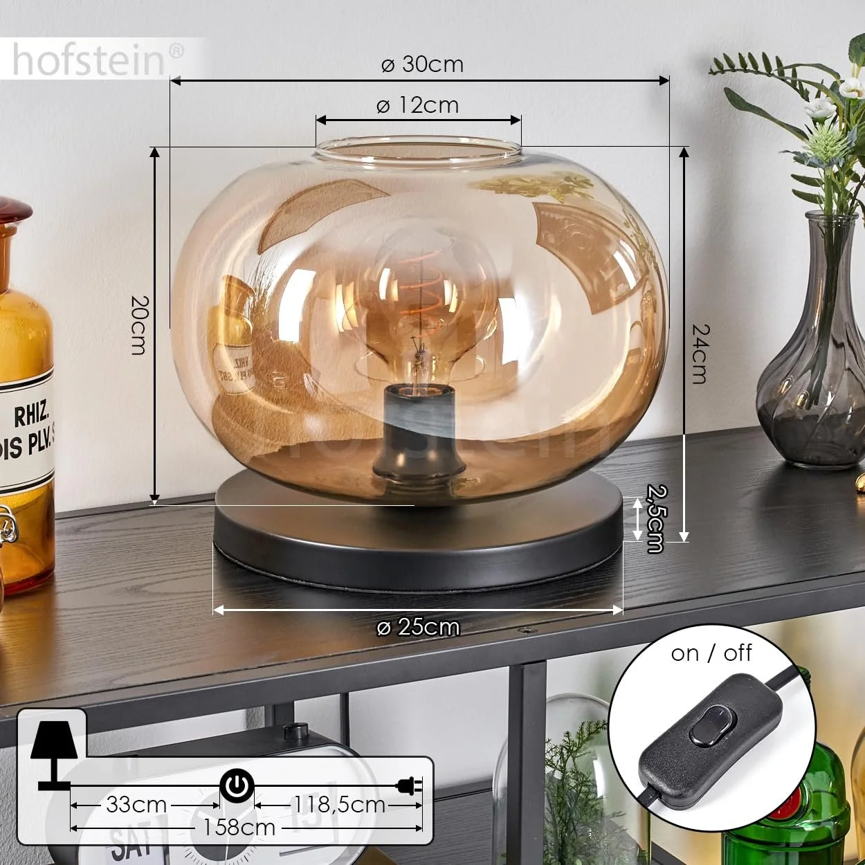 Настільна лампа Apedo Метал/Скло 30 см E27 Чорний/Бурштиновий, фото №5