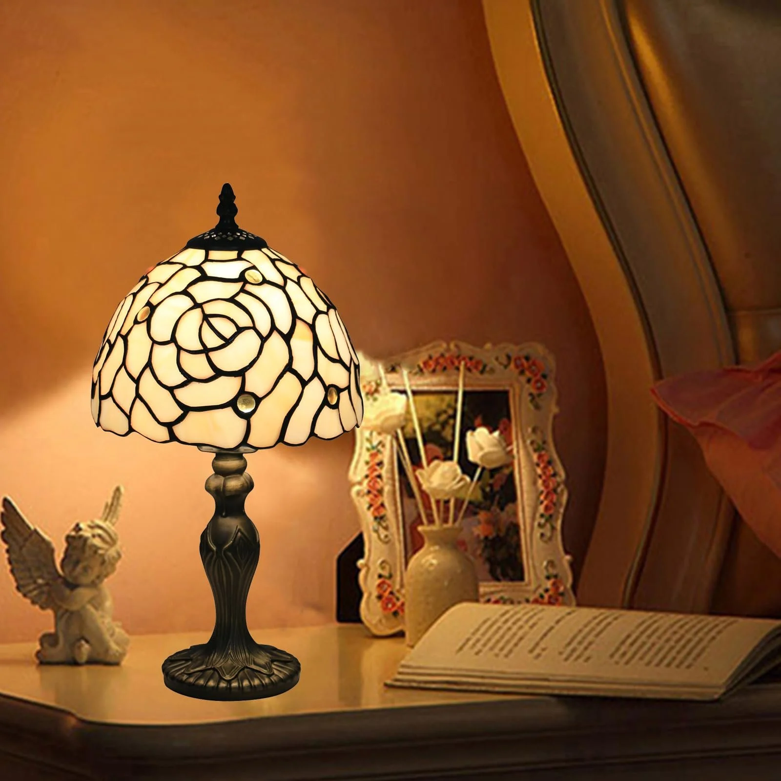 Настільна лампа Tiffany Ретро Вінтажна Візерунок Золота Троянда Вітражне скло LED, фото №3