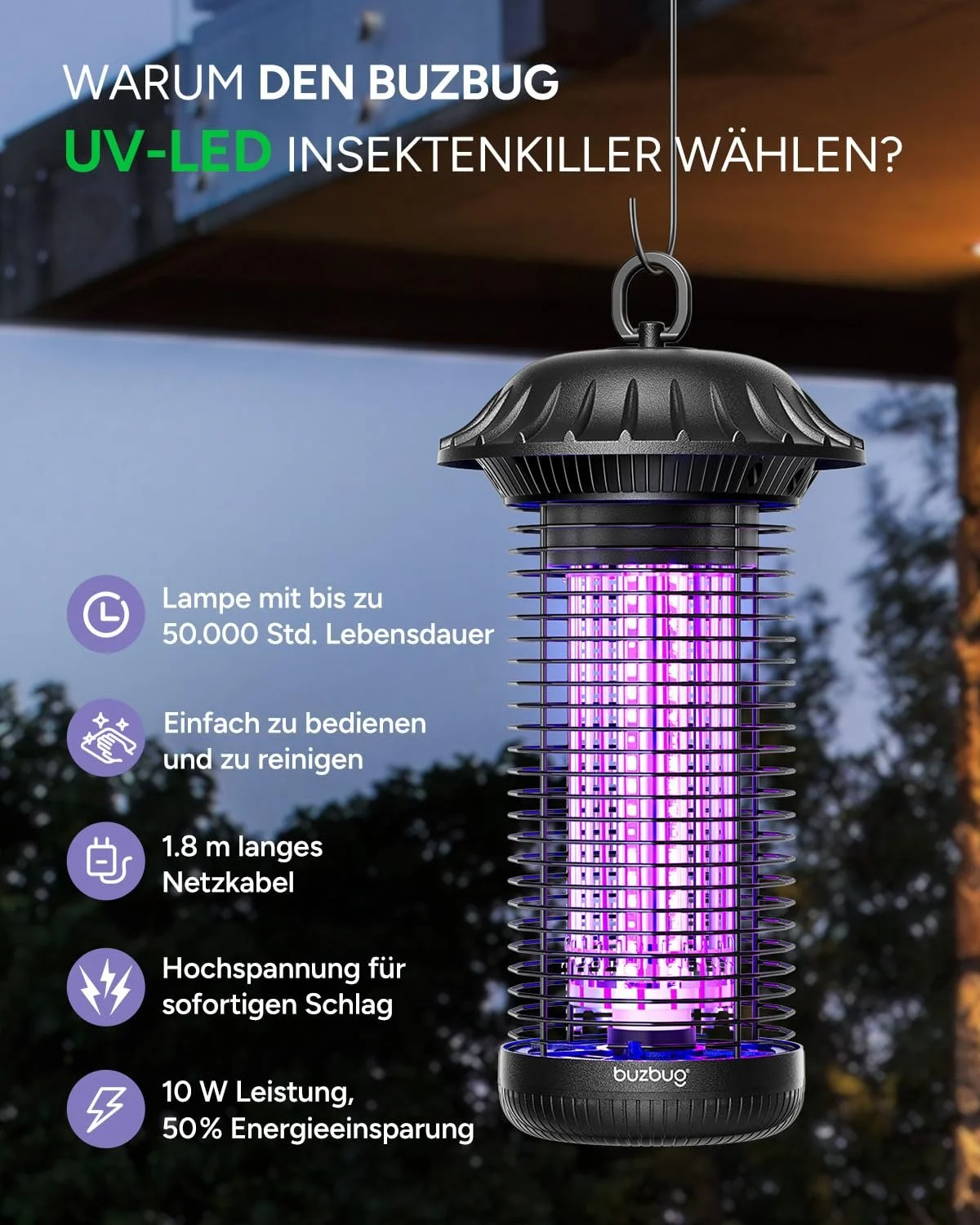 Електричний знищувач комах Buzbug LED MO008C кабель 1.8 м Dual Band охоплення 195 м², фото №2