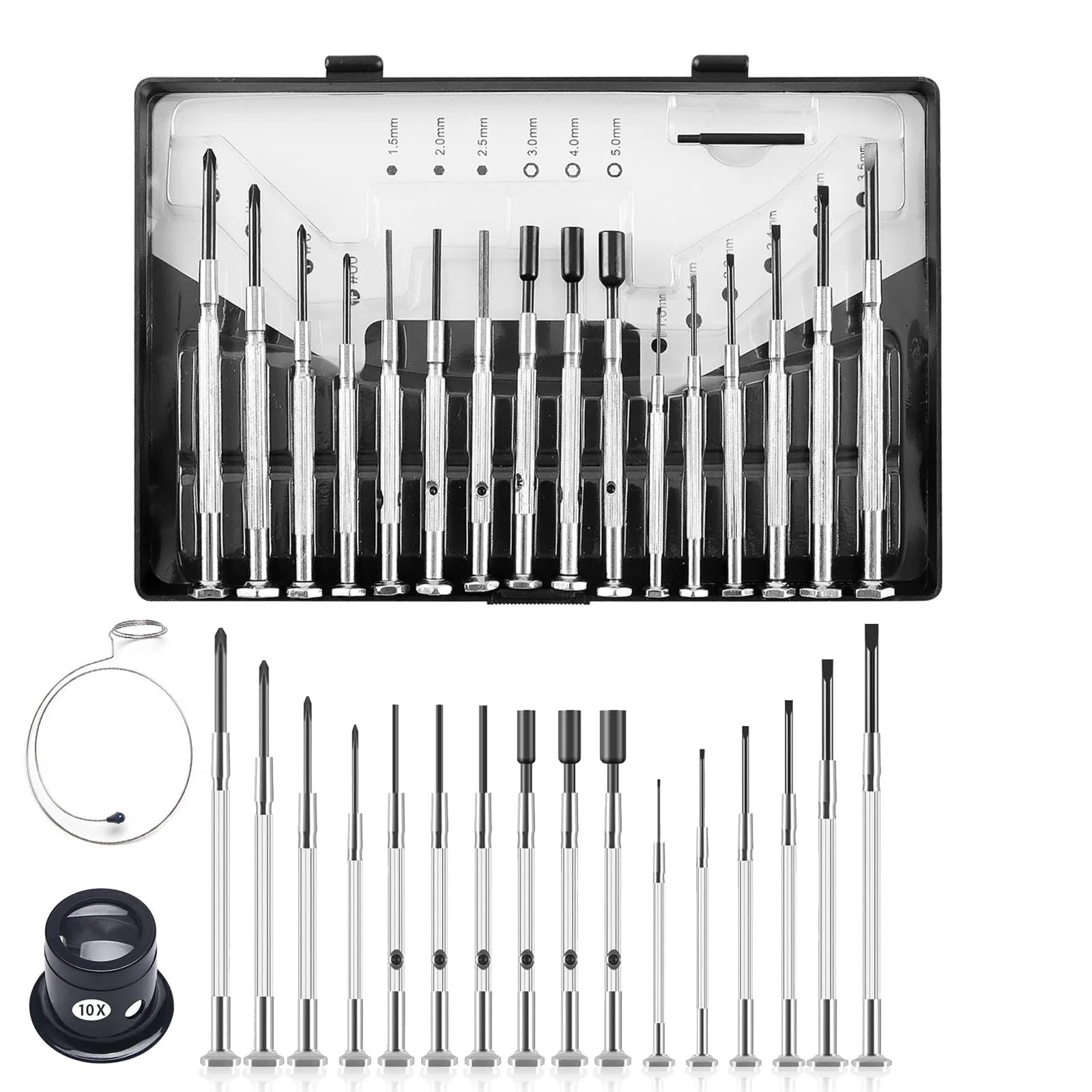 Набор отверток Mini 16 предметов с увеличительным стеклом для часов и очков, фото №1