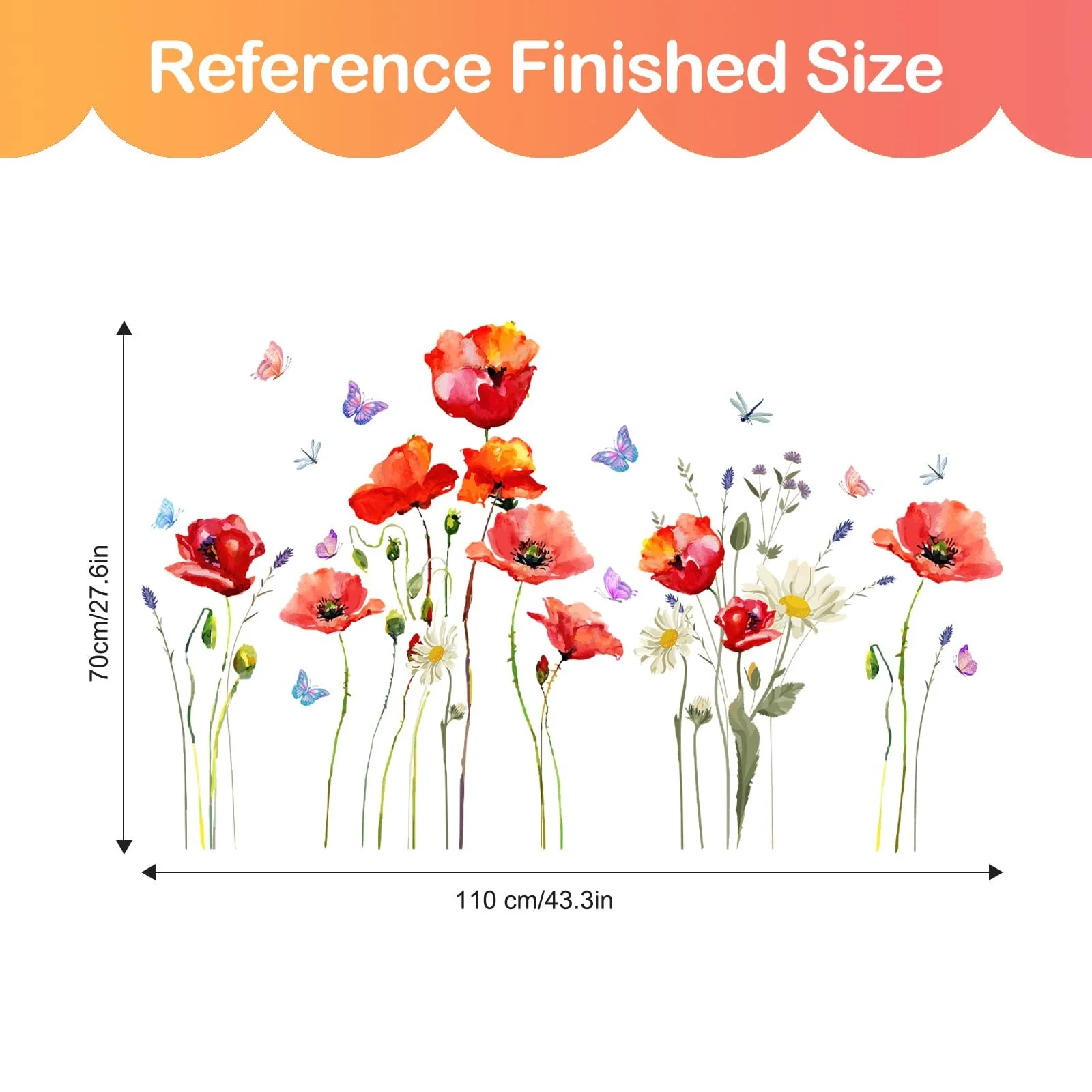 Наклейка на стену Tanlaby Red Poppies Watercolour Flowers Butterfly, фото №5