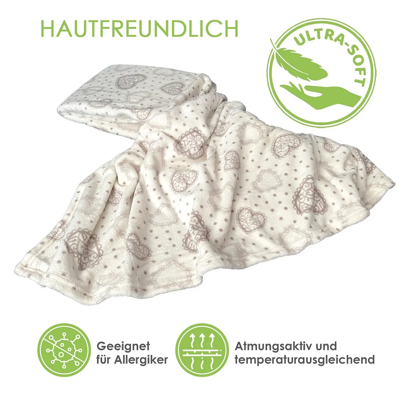 Одеяло heimtexland XL кантри шик с сердечками в кремовом цвете, очень мягкое, безворсовое, кантри хаус, 150 x 200 см, тип 283, фото №3