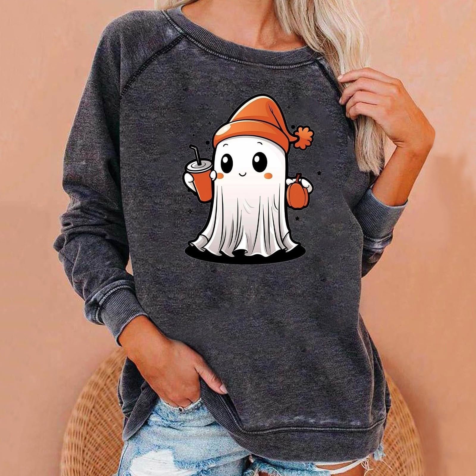 Костюм на Хэллоуин для взрослых Женский Милый свитшот с привидениями Длинный рукав Пуловер Футболка с тыквой Жуткие костюмы на Хэллоуин, фото №3 Костюм на Хэллоуин для взрослых Женский Милый свитшот с привидениями Длинный рукав Пуловер Футболка с тыквой Жуткие костюмы на Хэллоуин, фото №3
