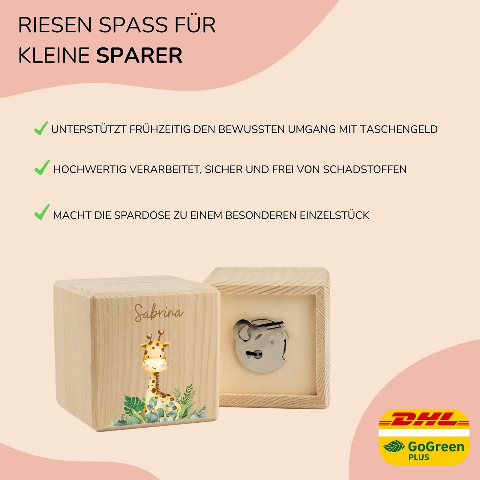 Скарбничка LARIFEE іменна Жираф дерев'яна куб із замком та ключем, фото №5