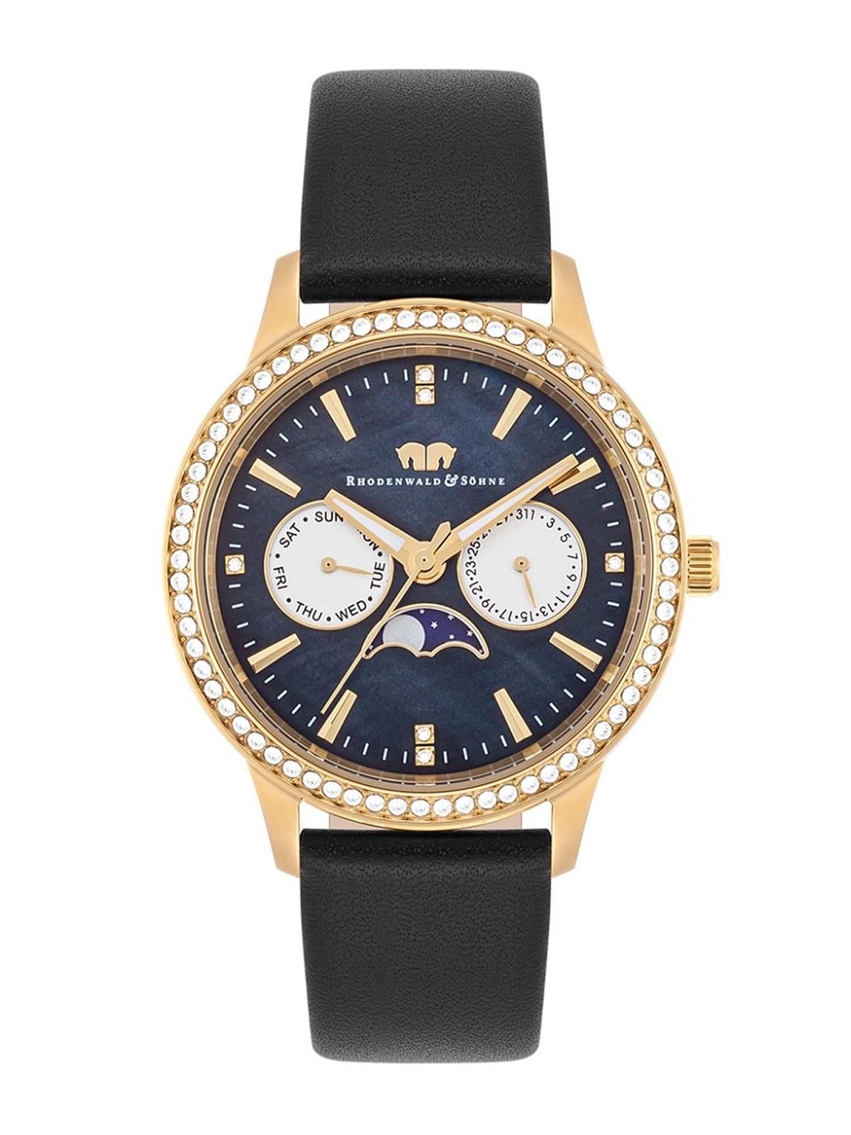 Женские часы Rhodenwald & Söhne, аналоговые, кварцевые, многофункциональные, 10010432, черные, с кристаллами, золотой, с ремешком из натуральной кожи, фото №1