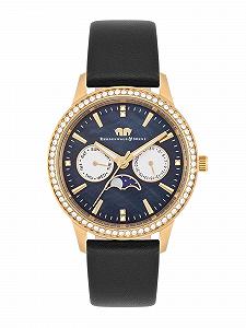 Женские часы Rhodenwald & Söhne, аналоговые, кварцевые, многофункциональные, 10010432, черные, с кристаллами, золотой, с ремешком из натуральной кожи - Фото 1