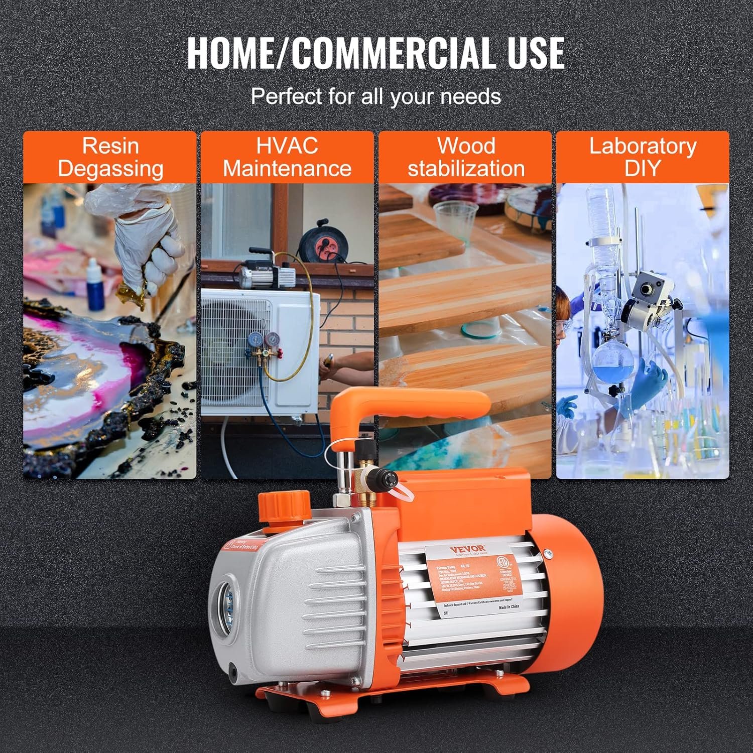 Вакуумний насос VEVOR KQ-1K / 100 л/хв / 5 Па (40 мікрон) / 1/5 к.с. / Одноступеневий / Помаранчевий, фото №5