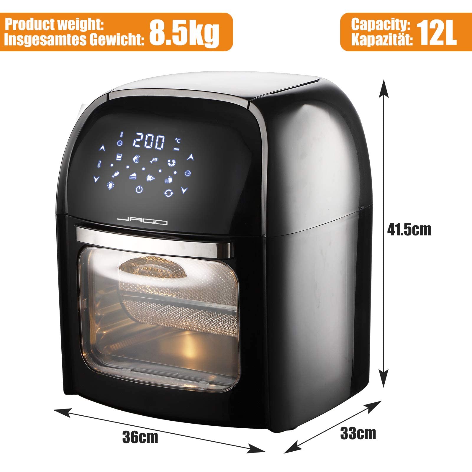 Фритюрница Jago® XXXL 8-в-1 12 Л + 10 Аксессуаров - 1800 Вт, LED Экран с Сенсором, 8 Программ/Таймер, Без Масла, фото №7