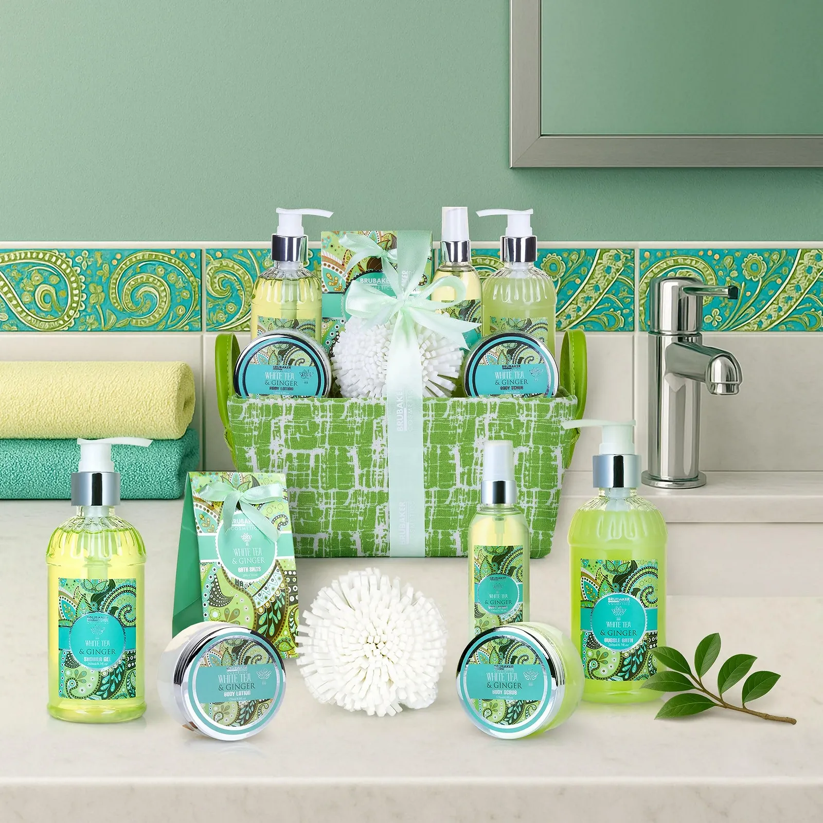 Набір для ванни BRUBAKER Cosmetics "White Tea & Ginger" з 8 предметів у кошику, фото №6