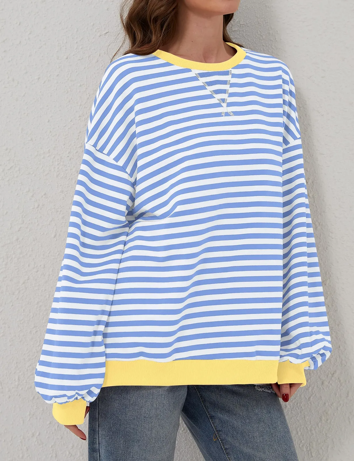 Женская рубашка TERIVEEK Oversized в полоску, колор-блок, с длинными рукавами, круглым вырезом, повседневная, свободного кроя в стиле Y2K, фото №4 Женская рубашка TERIVEEK Oversized в полоску, колор-блок, с длинными рукавами, круглым вырезом, повседневная, свободного кроя в стиле Y2K, фото №4