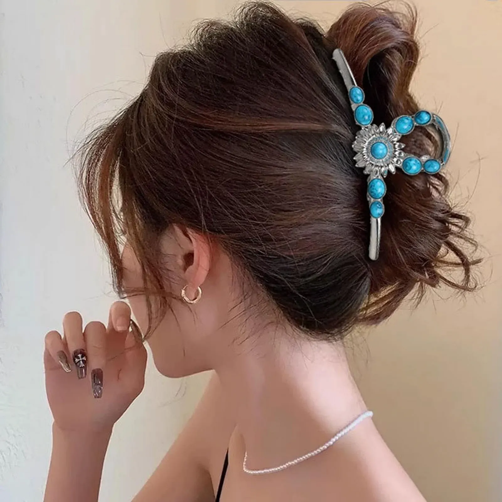 Заколка для волос с голубым камнем, Western Claw Clips для женщин, металлические заколки для густых волос, металлический маскарадный головной убор с винтажным камнем и цветочным узором, фото №2