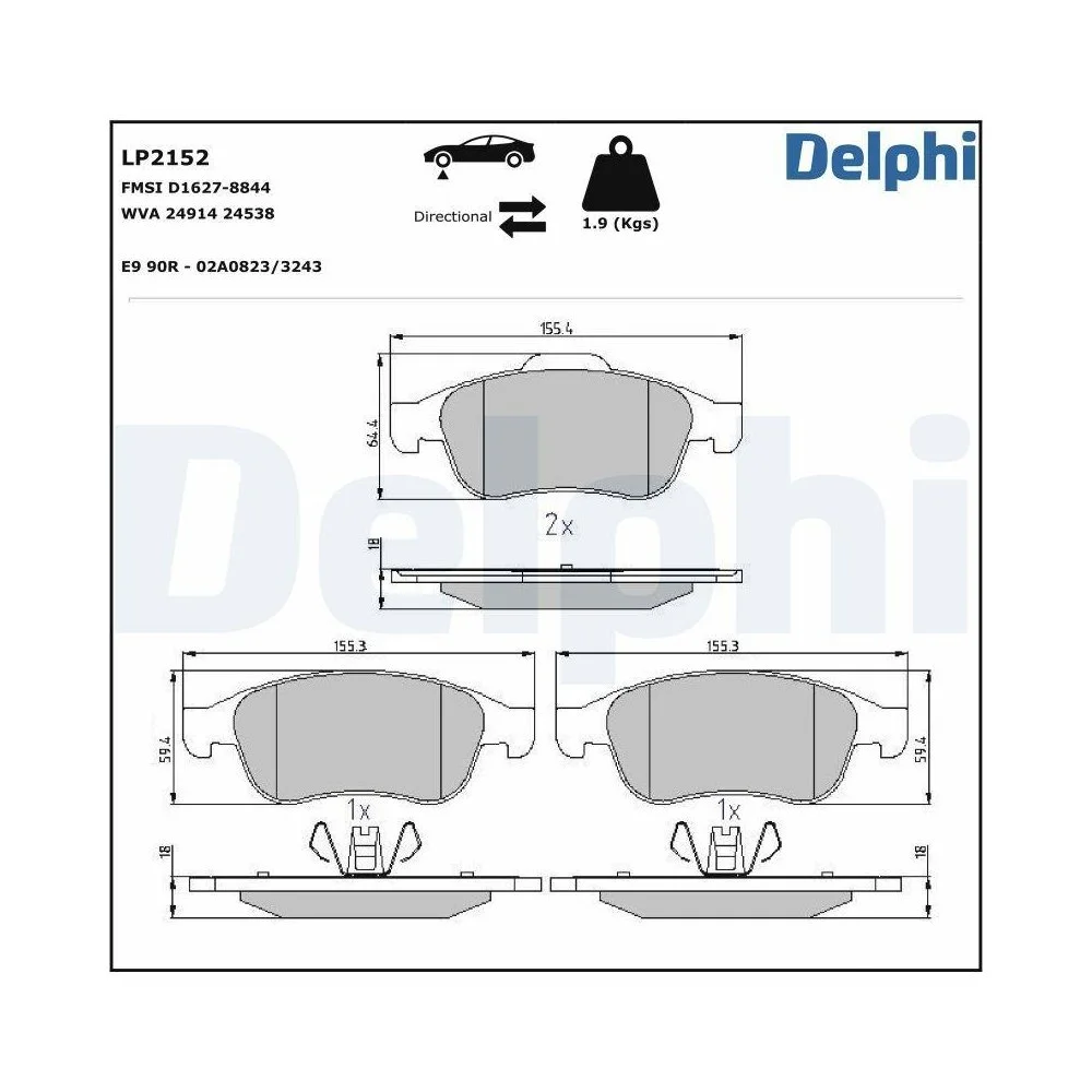 Комплект гальмівних колодок DELPHI LP2152 дискове гальмо для MITSUBISHI NISSAN RENAULT DACIA, фото №1