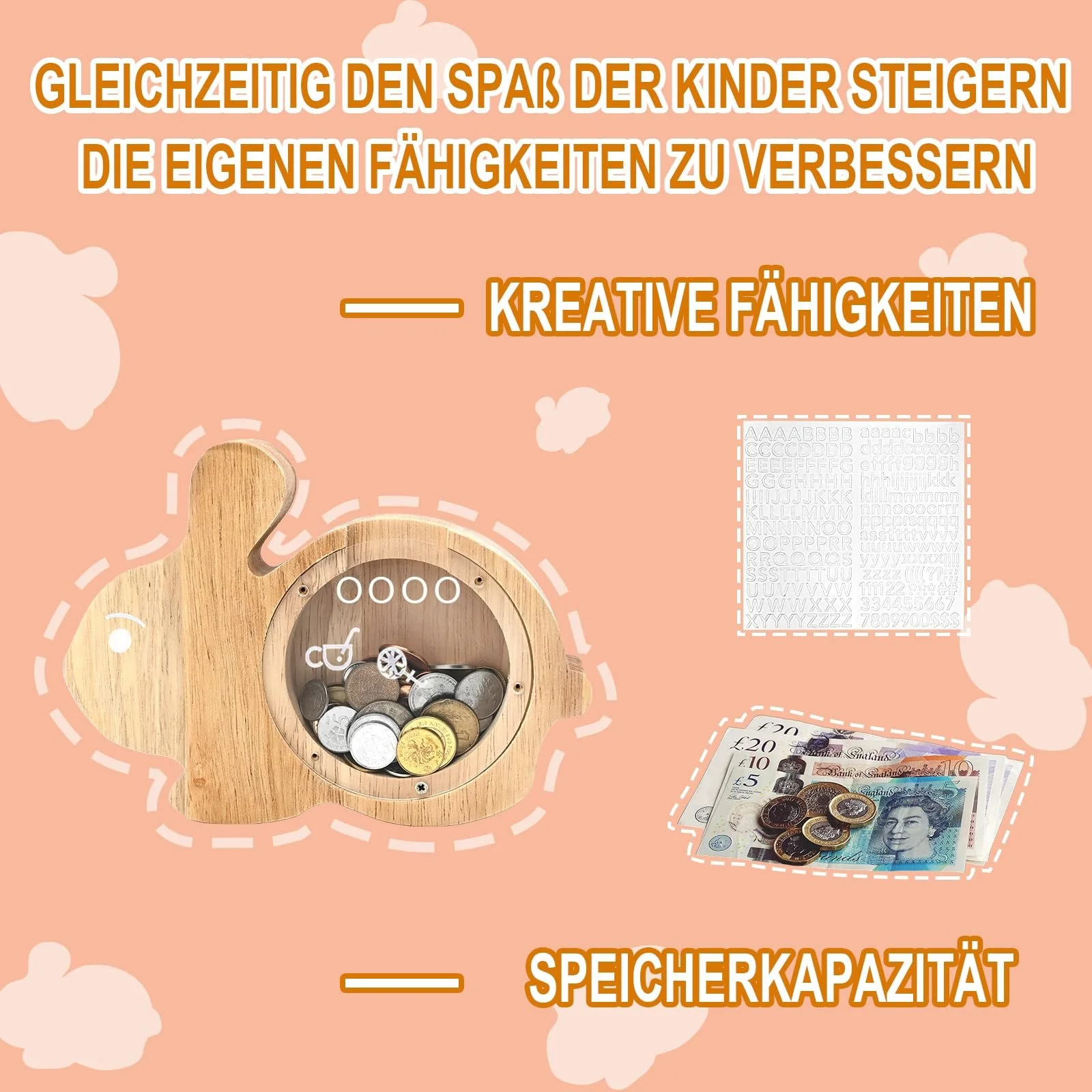 Скарбничка дерев'яна Кролик Тварини з наклейками-алфавітом, фото №3