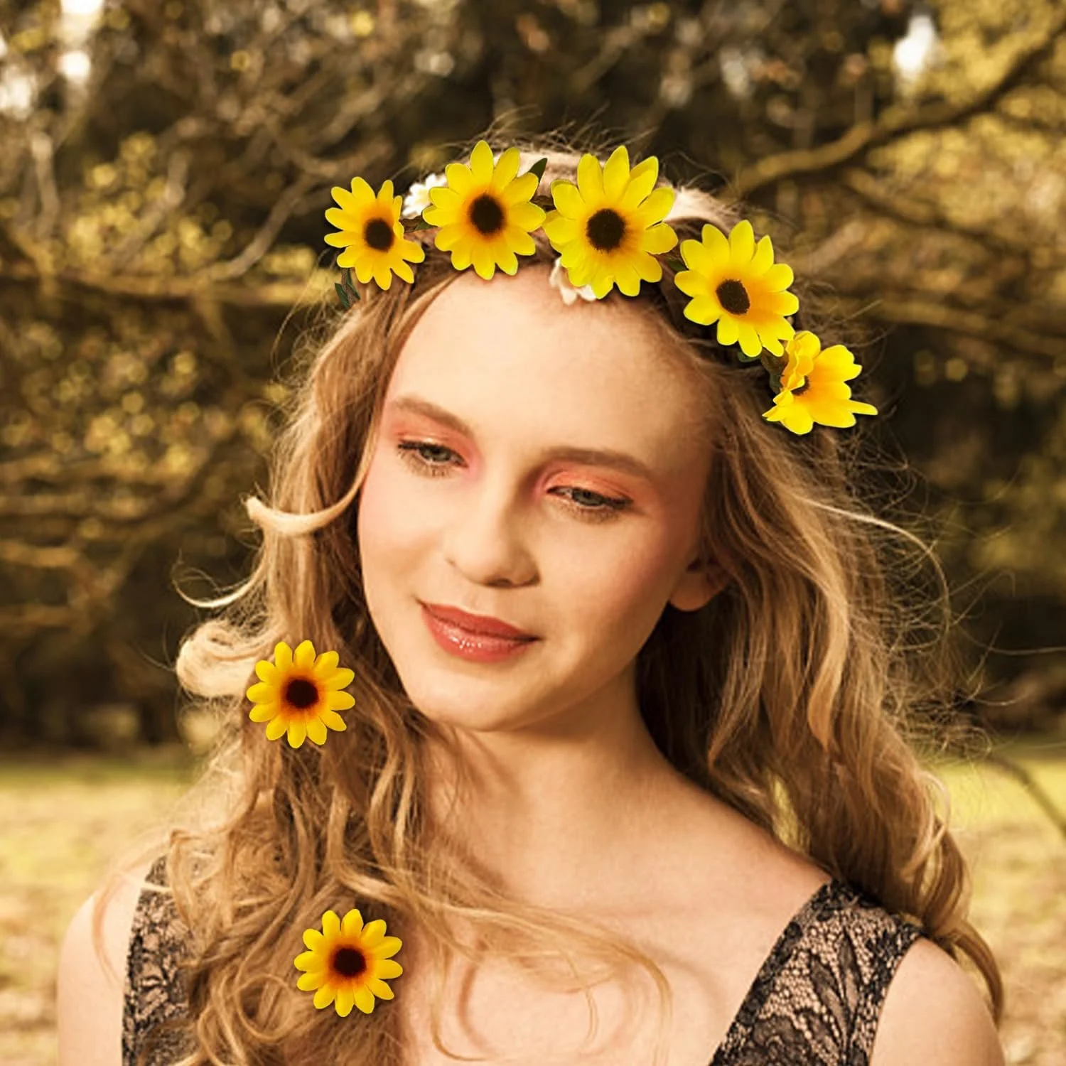 Вінок для волосся з ромашками і 12 маленьких шпильок з ромашками Жовтий, фото №5