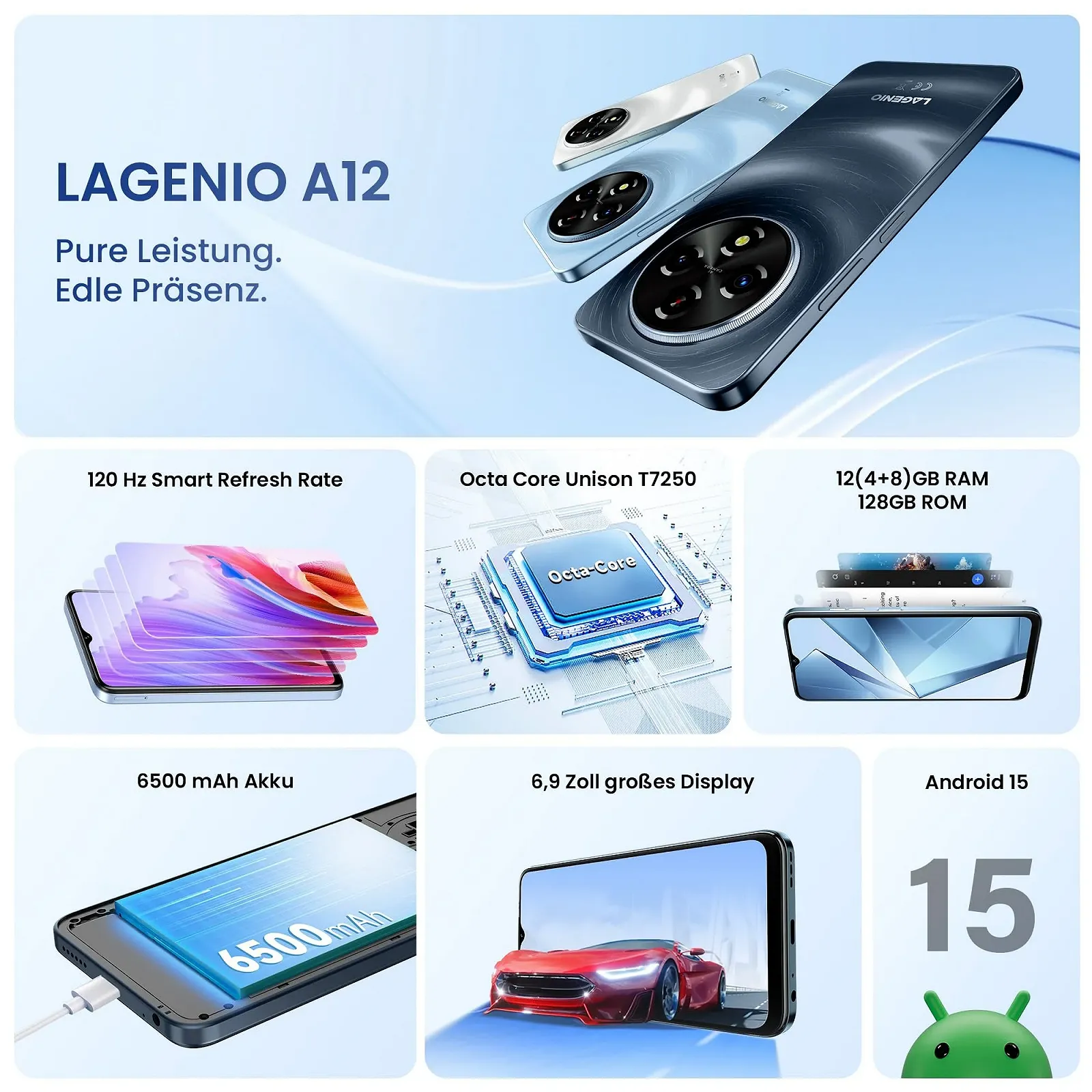 Смартфон LAGENIO A12 12/128 ГБ 6,9 дюйма HD+ 120 Гц 13 Мп + 8 Мп Dual SIM 4G, фото №2